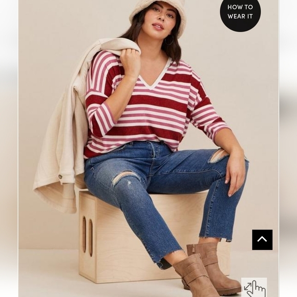 Torrid Super Soft Plush V-Neck Drop Shoulder Stripe Top Burgundy Pink M/L - Picture 3 of 8